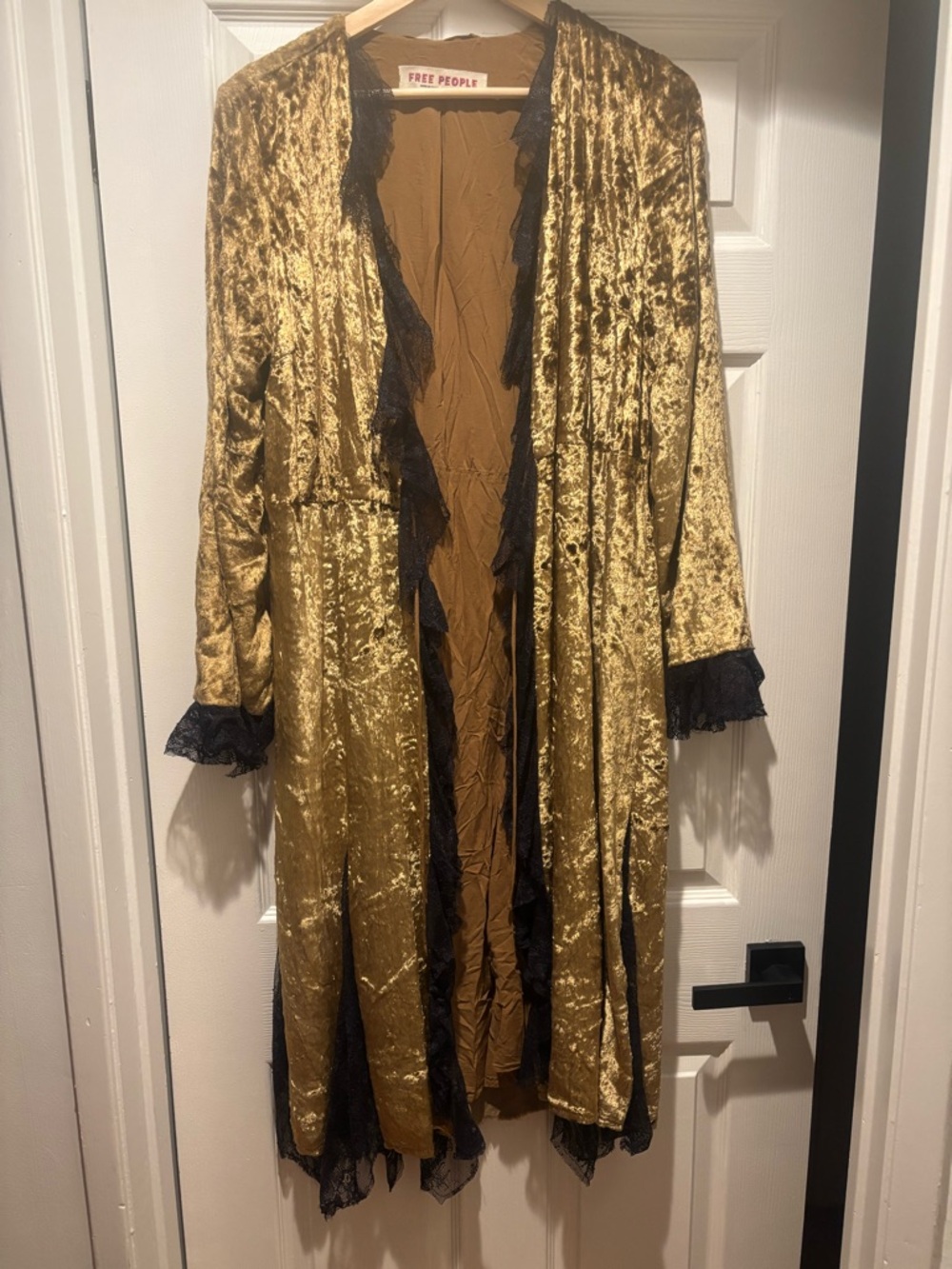Free People Raveena Gold Velvet Robe with Black Lace Trim
